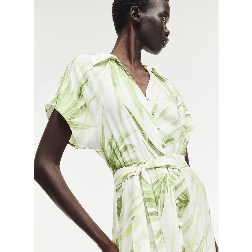 Large H&M Tropical Print Midi Dress Palm White Green Vacation Summer Party - Picture 6 of 14